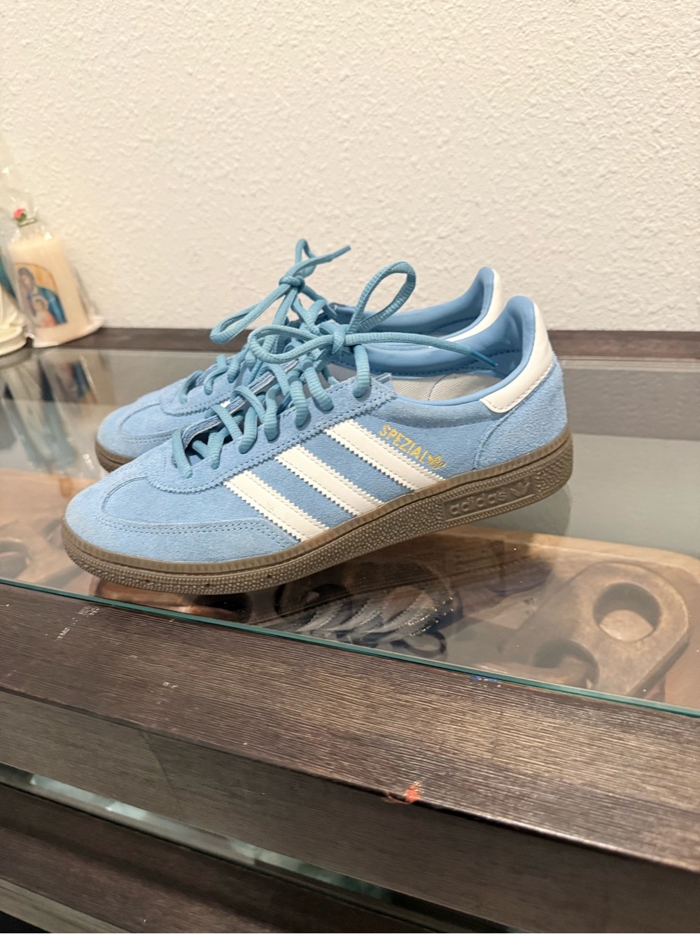 adidas Light Blue Suede Sneakers with White Stripes - Picture 4 of 7
